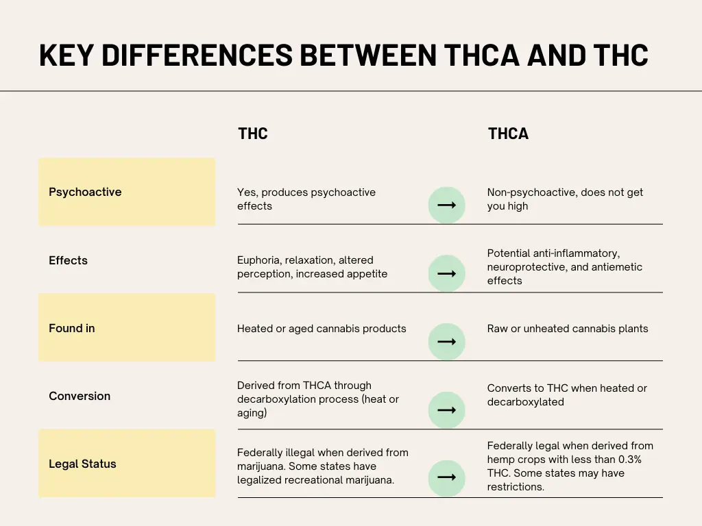 A Chart explaining various key differences between THC and THCA